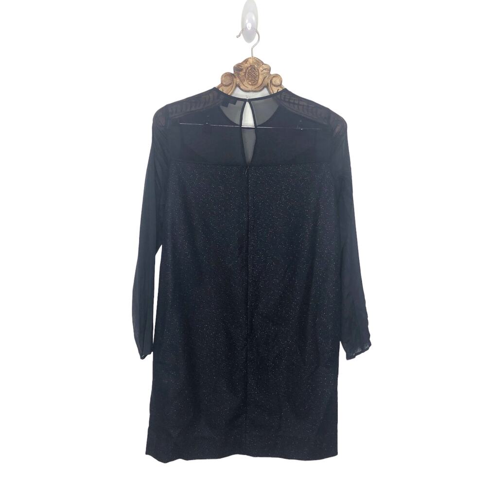 COS Dress Illusion Neckline Sheer Sleeves Navy Blue Shift With Pockets Wool Silk